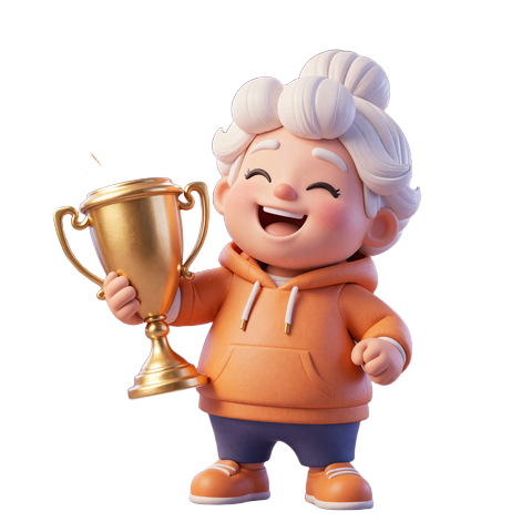 Granny Maskottchen mit BMW-Schl&uuml;sseln und Pokal bei SpinGranny