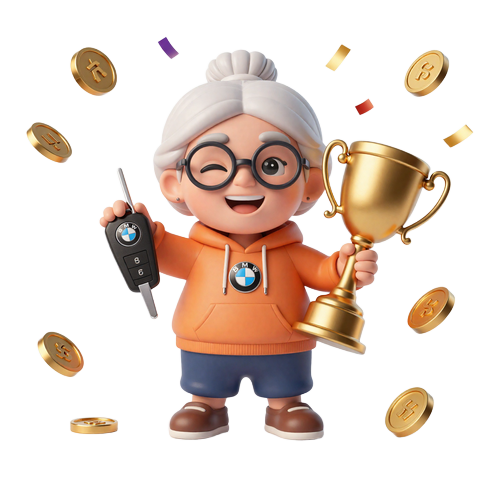 Granny Maskottchen mit BMW-Schl&uuml;sseln und Pokal bei SpinGranny