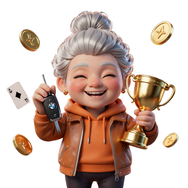 SpinGranny Maskottchen Granny mit BMW-Schl&uuml;sseln Pokal und fliegenden Granny Coins