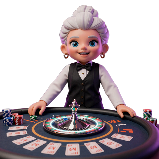 Granny als Croupier am Live-Roulette-Tisch mit Neonlichtern